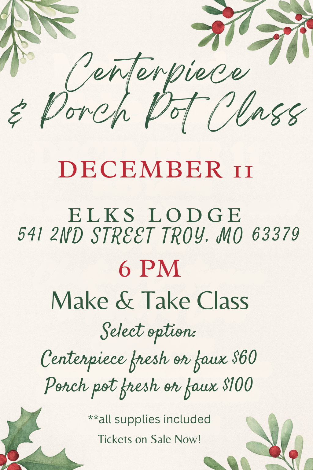 EVENT: Christmas Centerpiece & Porch Pot Workshop (Porch Pot Ticket Only)