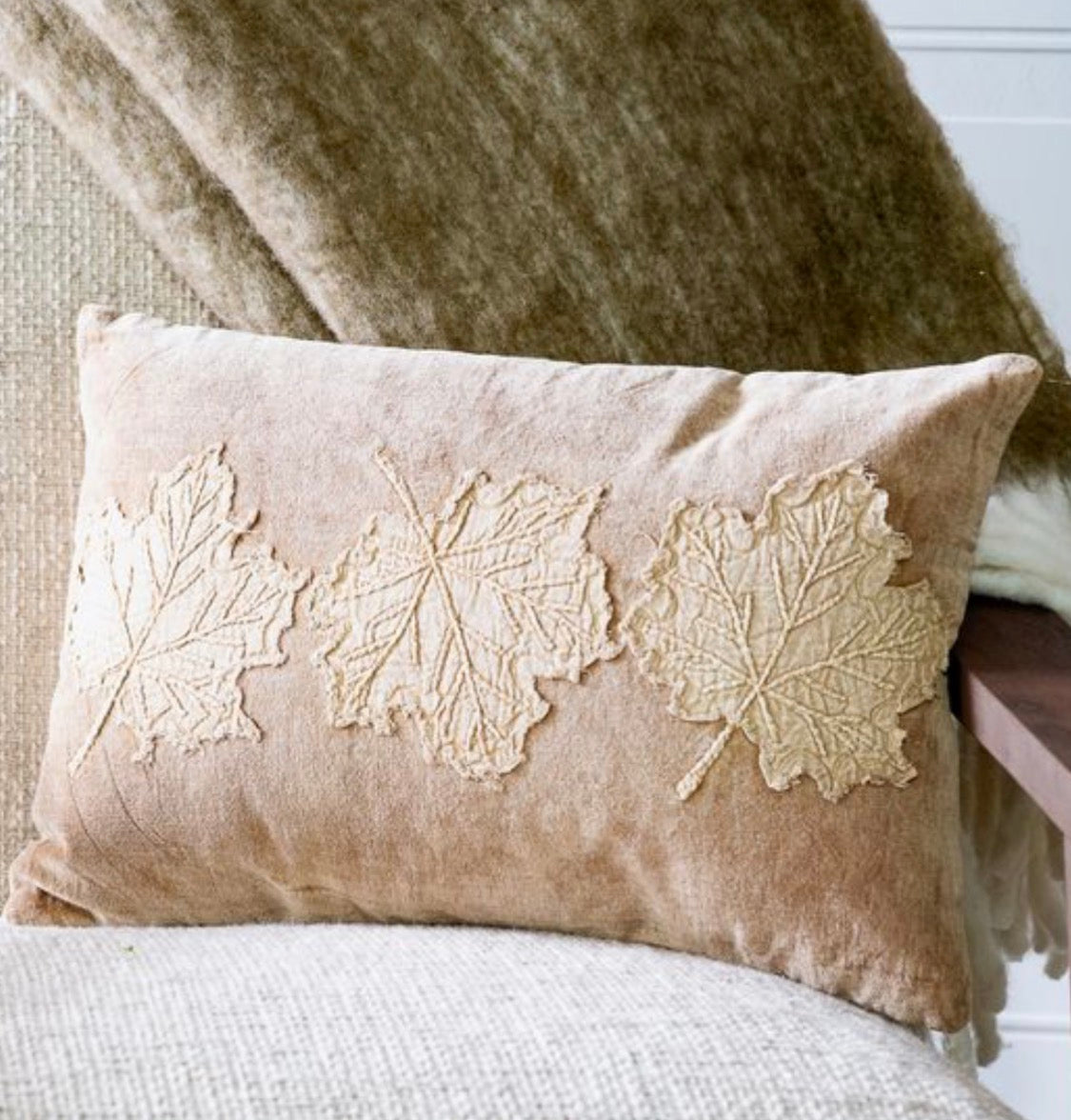 12”x18” Tan Velvet Leaf Pillow