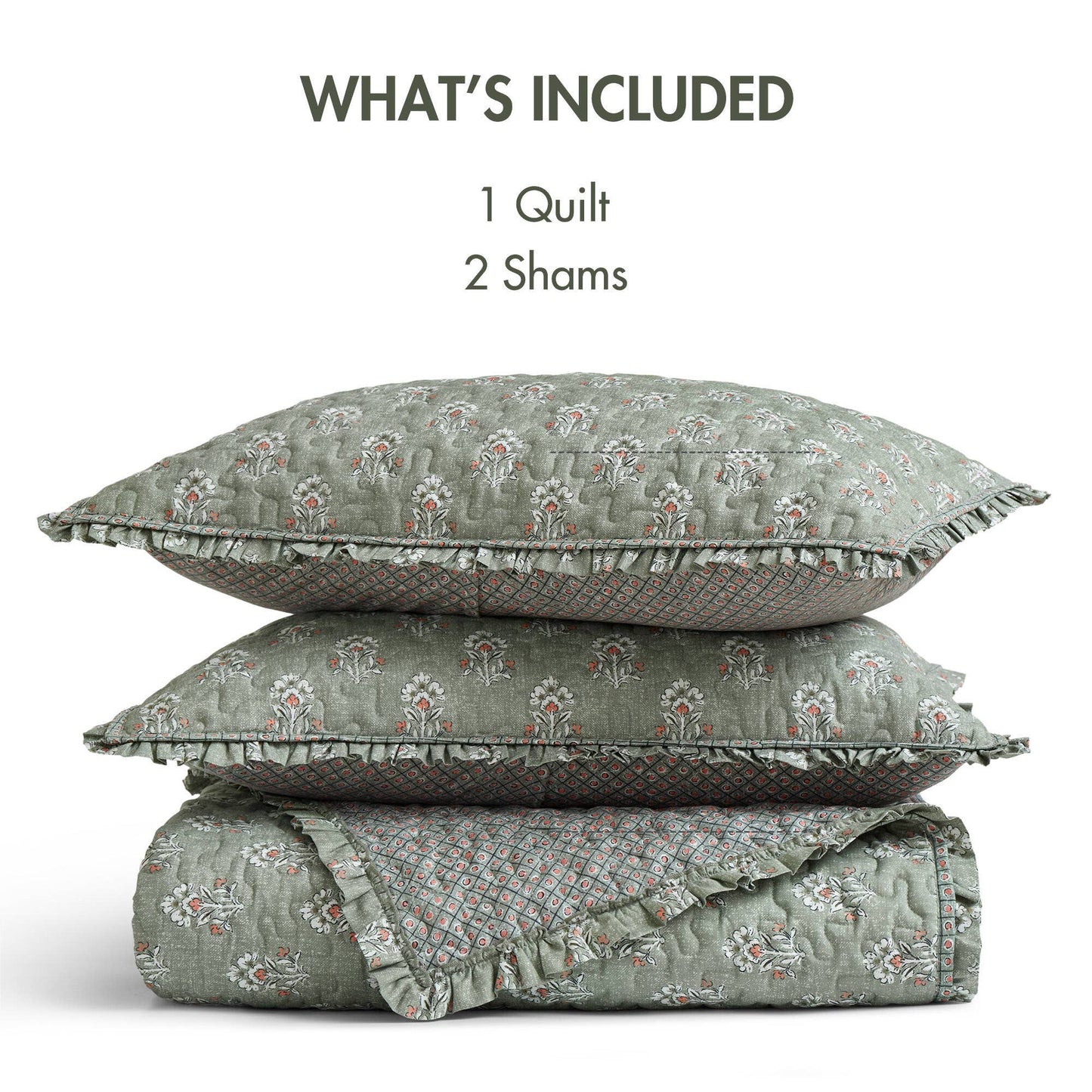 3pc Ruffle Printed Vermicelli Stitched Quilt Set, Sage Green