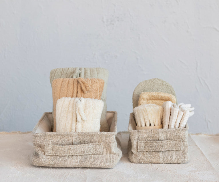 Woven Hemp Fiber & Wire Container w/ Cotton Canvas Lining & Handle