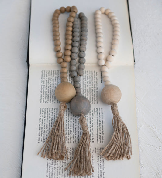 Wood Beads w/ Jute Rope Tassel, 3 Colors