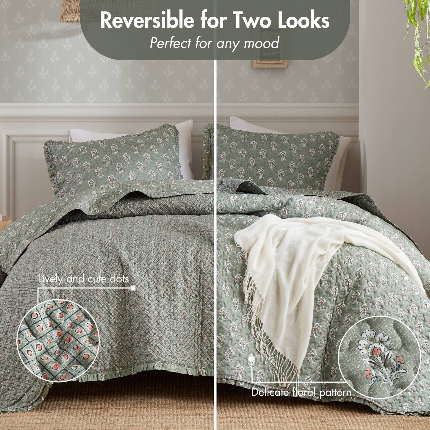 3pc Ruffle Printed Vermicelli Stitched Quilt Set, Sage Green