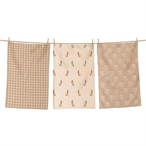 Set/3 Rabbit and Tan Linen Tea Towels