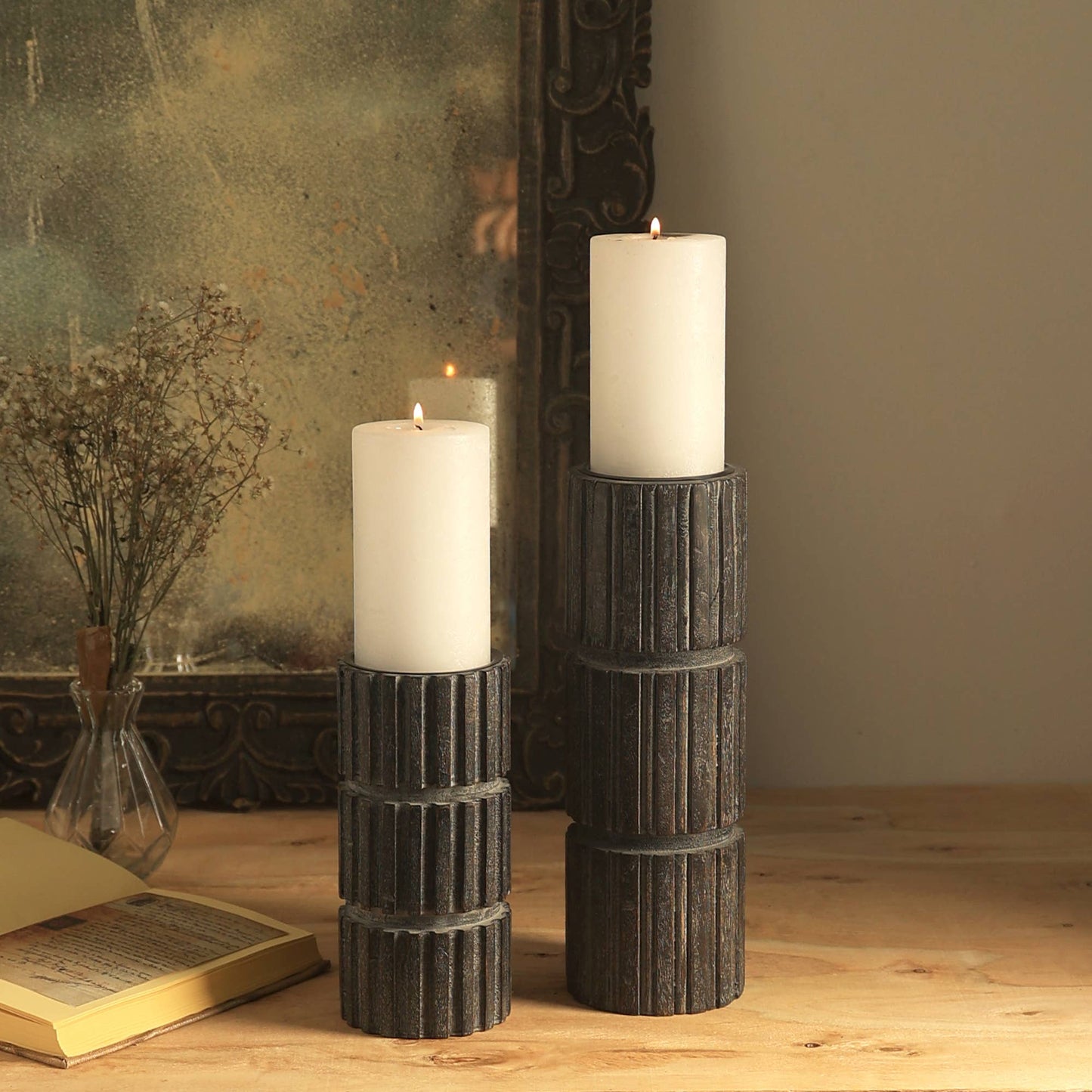 Brentwood Carved Wood Pillar Candle Holder-8"