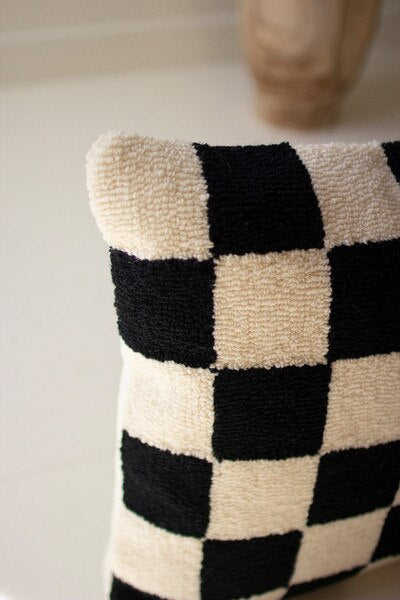 Black & White Checked Hand Hooked Pillow