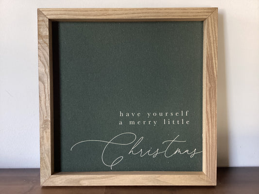 Oak Frame Green Canvas Merry Little Christmas 16” x 16”