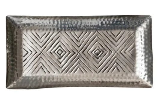 Decorative Aluminum Tray w/ Stamped Pattern, Antique Silver Finish