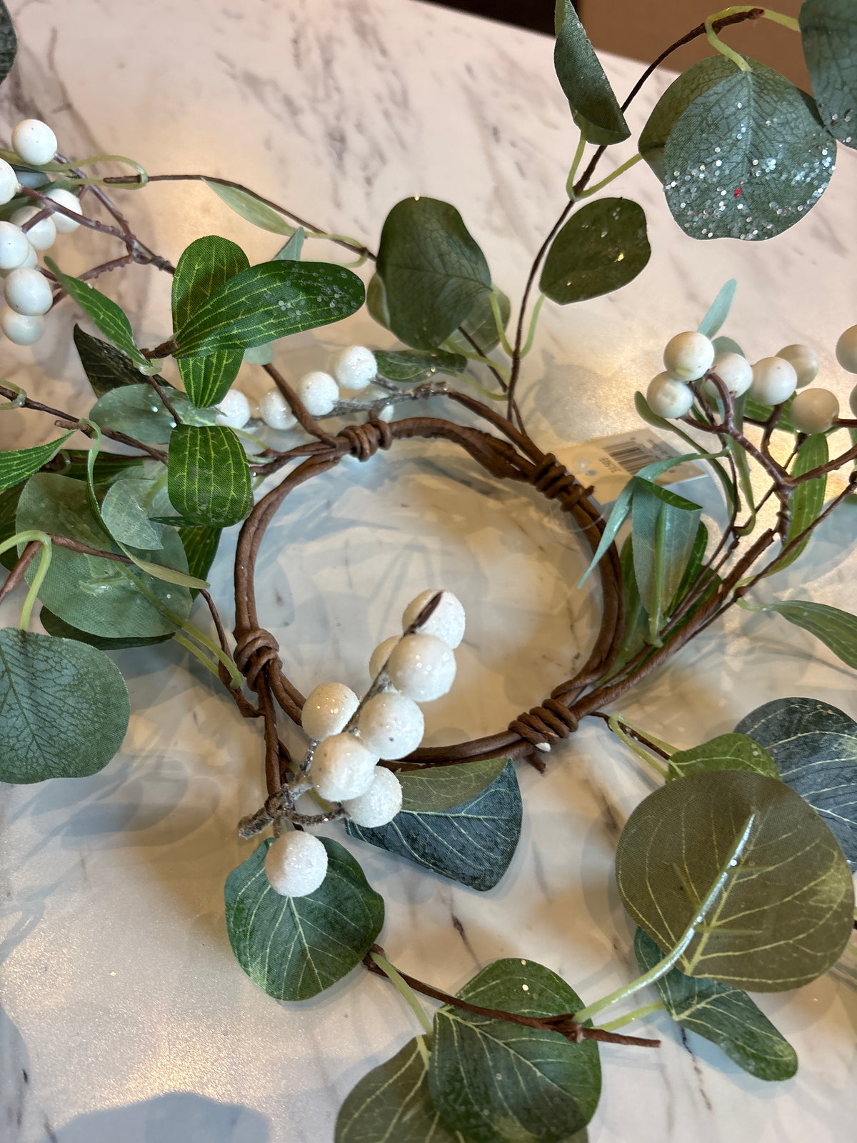 Sparkled Eucalyptus With Snowberry Candle Ring-3.5"