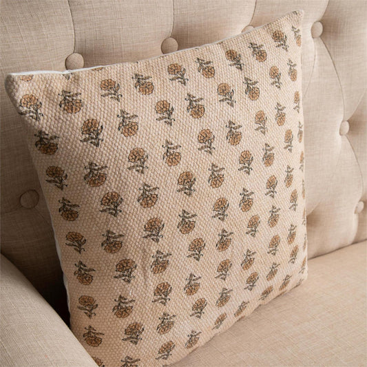 Knubby Slub Block Print Pillow-Mustard Floral