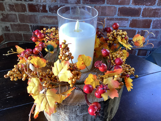 4.5” Inner Diameter Maple Candle Ring W/Berries & Sunflowers