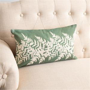 Embroidered Leafy Green Lumbar Pillow 12”Hx20”W