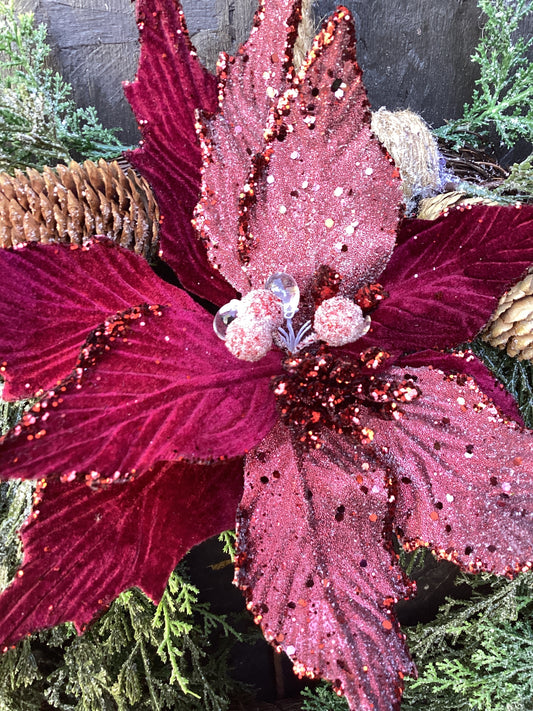 29” Burgundy Velvet Sugared Poinsettia Stem