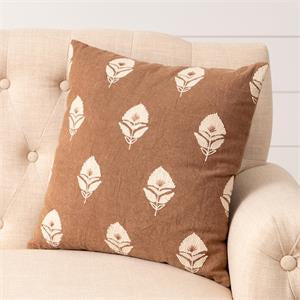 Rust Embroidered Floral Block Print Pillow 18”x18”