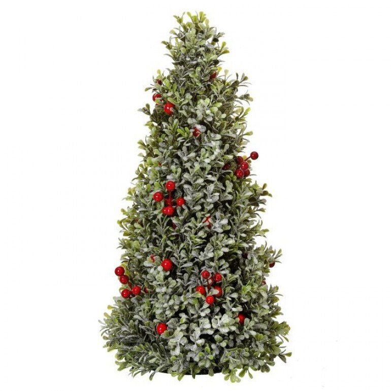 Red Berry Frosted Boxwood Cone Tree