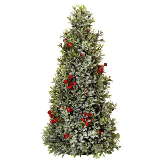 Red Berry Frosted Boxwood Cone Tree