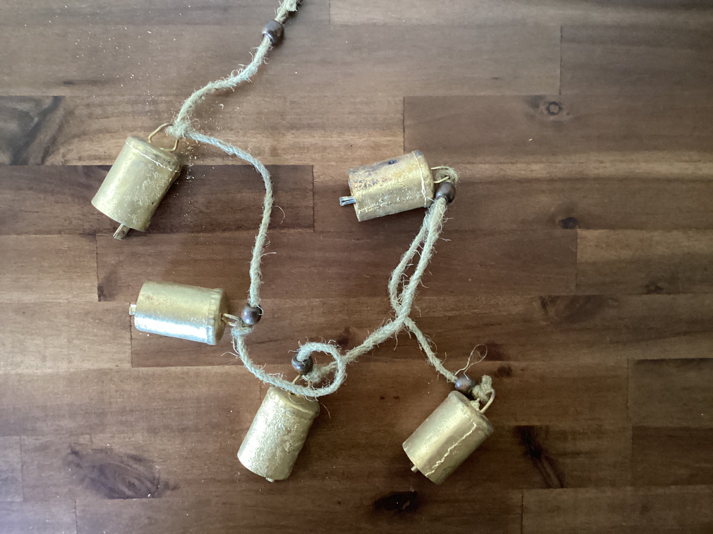 28” Hanging Brass Metal Bells with Wood Beads on Jute Rope