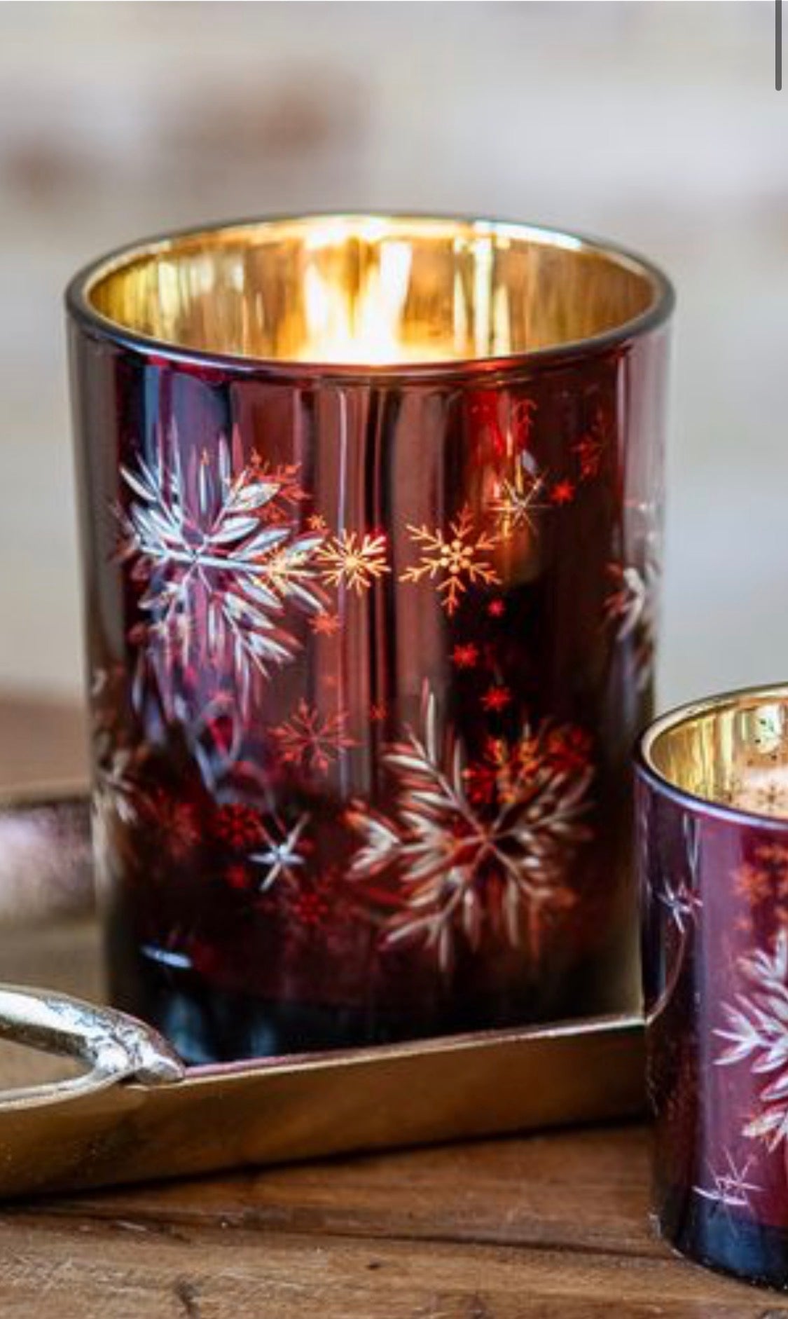 RED GLASS SNOWFLAKE CANDLE HOLDER, 2 sizes