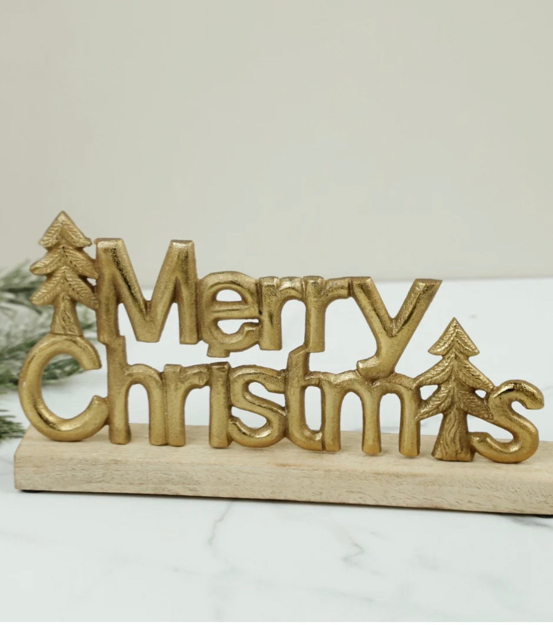 Merry Christmas Tabletop Sign, Wood/Gold