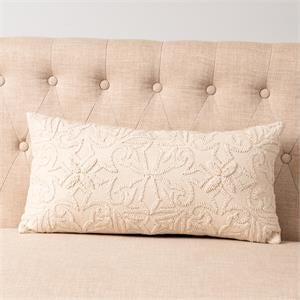 White Embroidered Lumbar Pillow 24”Lx12”W