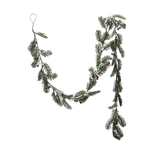 72"L x 8"H Faux Spruce Garland with Red Berries, Ice Finish