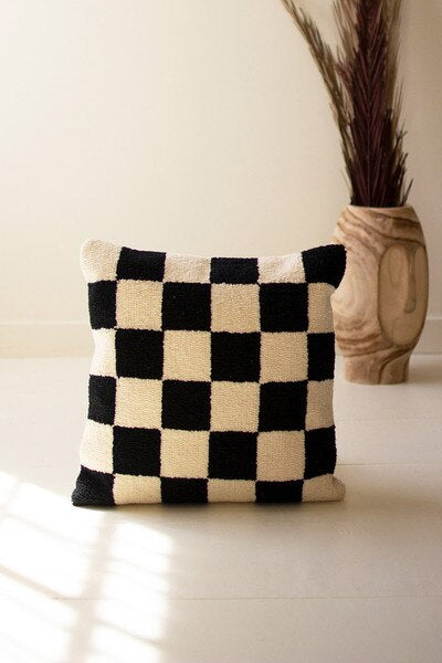 Black & White Checked Hand Hooked Pillow