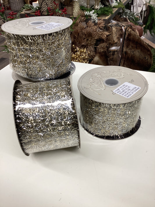 2.5” x 10 Yards metallic silver/champagne Wired tinsel ribbon