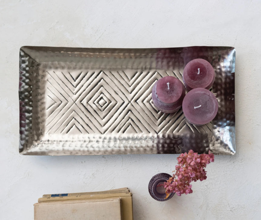 Decorative Aluminum Tray w/ Stamped Pattern, Antique Silver Finish