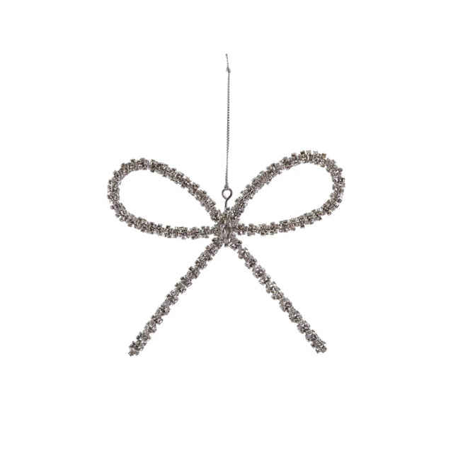 5-1/2"L Metal Rhinestone Bow Ornament, Silver Finish