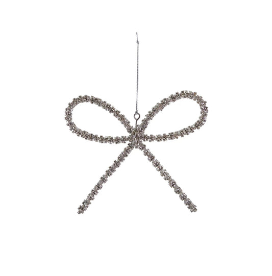 5-1/2"L Metal Rhinestone Bow Ornament, Silver Finish