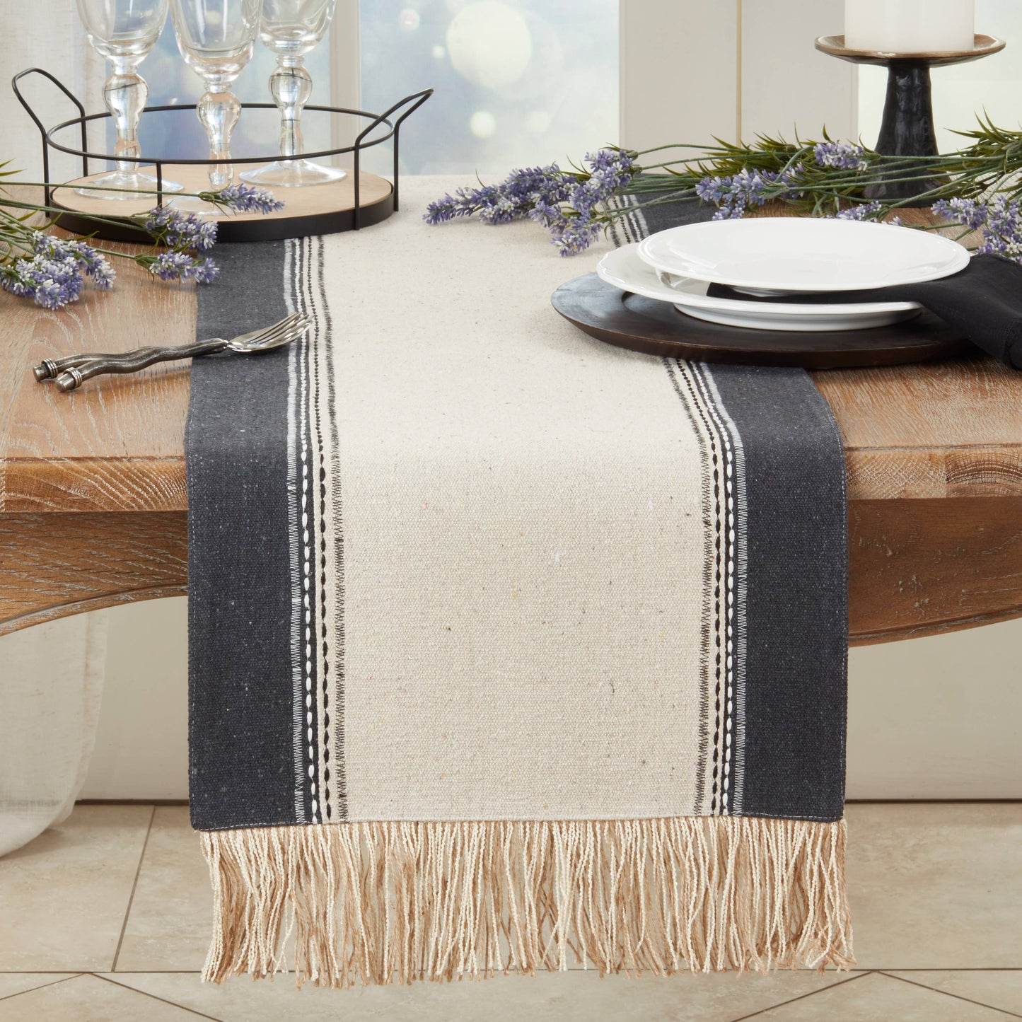 Fringe Detail Banded Table Runner