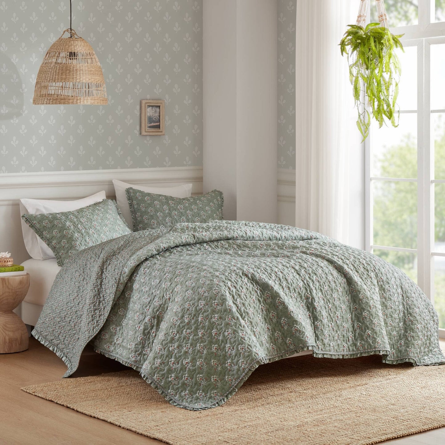 3pc Ruffle Printed Vermicelli Stitched Quilt Set, Sage Green