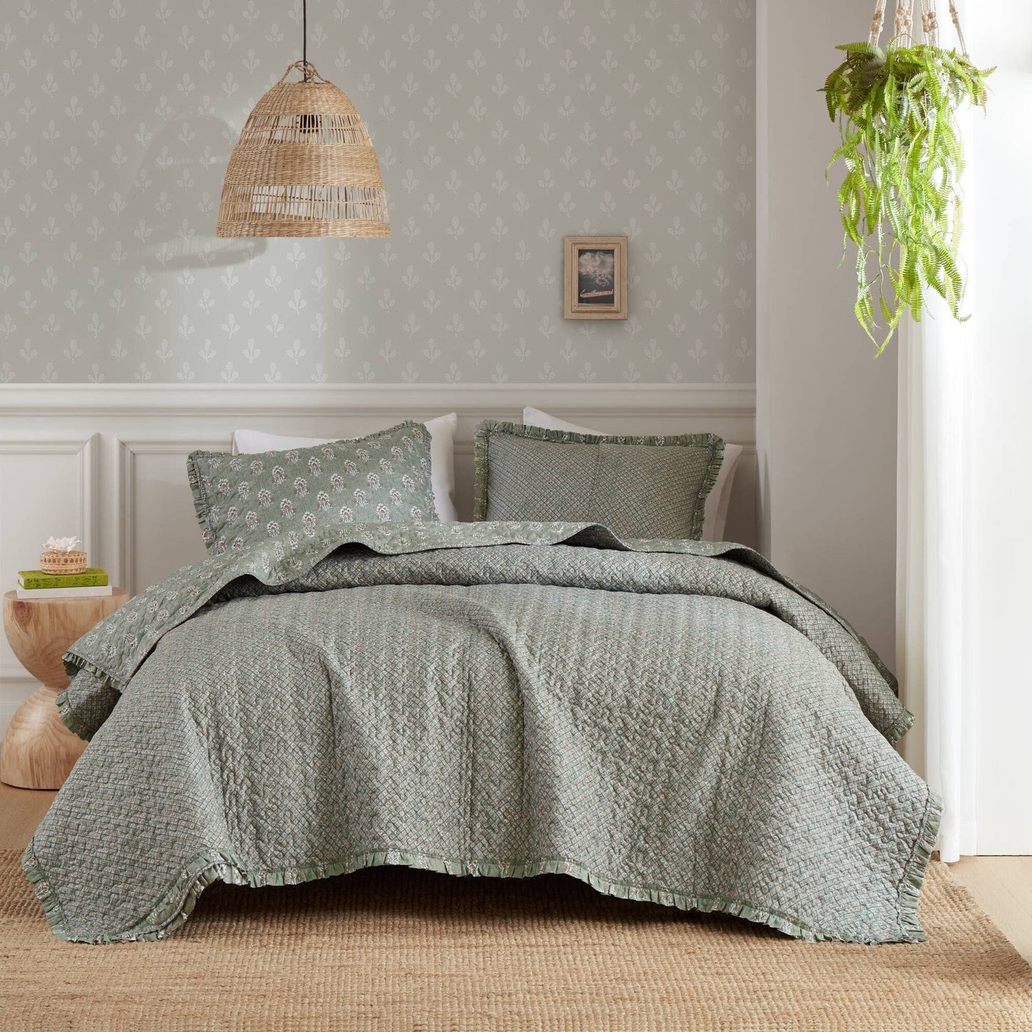 3pc Ruffle Printed Vermicelli Stitched Quilt Set, Sage Green