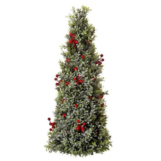 Red Berry Frosted Boxwood Cone Tree -Lg