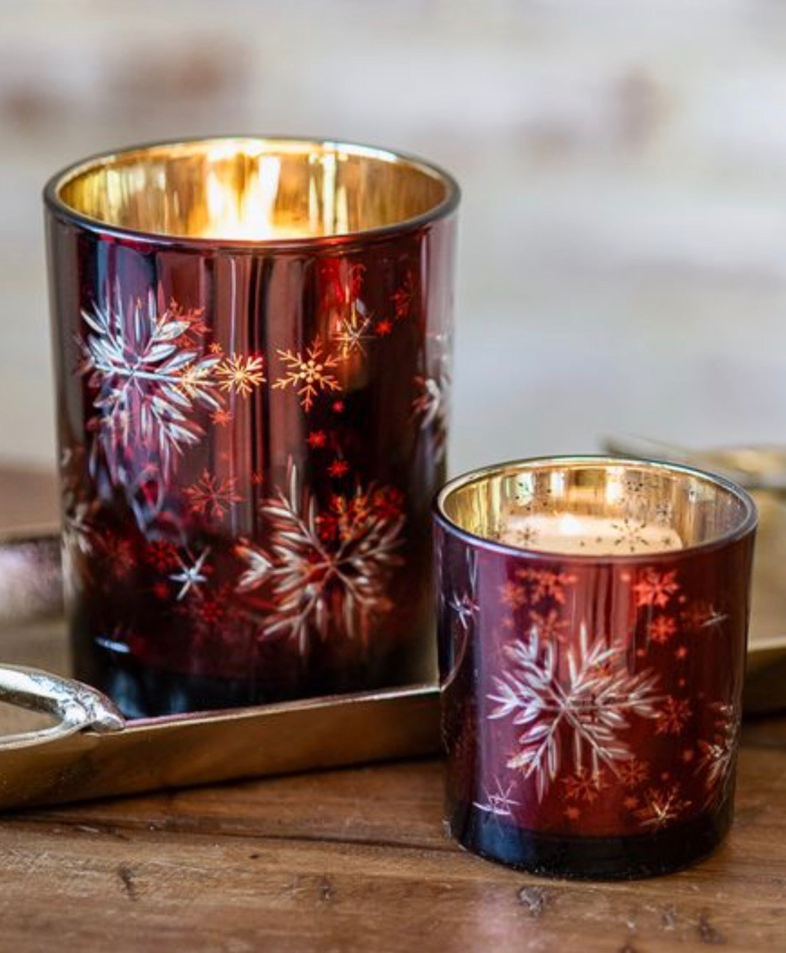 RED GLASS SNOWFLAKE CANDLE HOLDER, 2 sizes