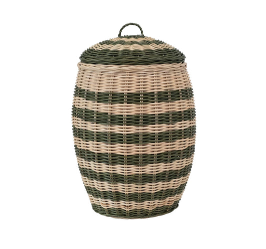 Hand Woven Rattan Striped Basket w/ Lid
