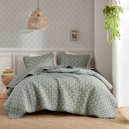 3pc Ruffle Printed Vermicelli Stitched Quilt Set, Sage Green