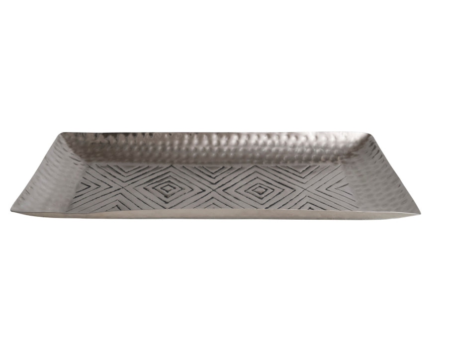 Decorative Aluminum Tray w/ Stamped Pattern, Antique Silver Finish