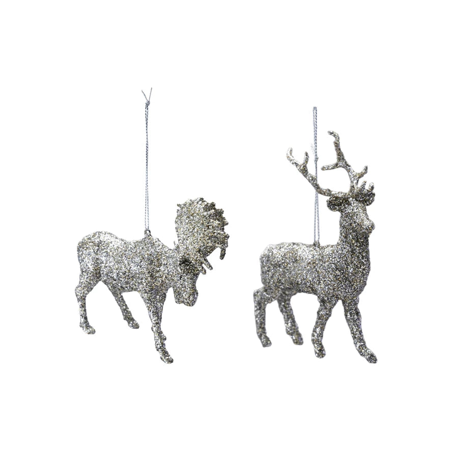 Deer or Moose Silver Glitter Ornament