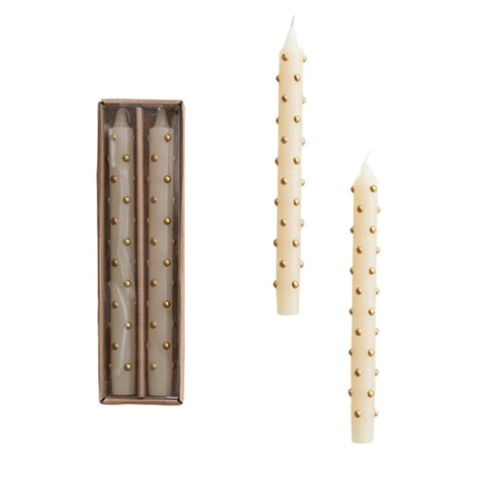 Unscented Taper Candle Ivory Color with Gold 3D Dots Boxed set/2