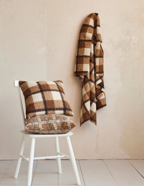 60"L x 50"W Fabric Faux Sherpa Throw, Brown Plaid