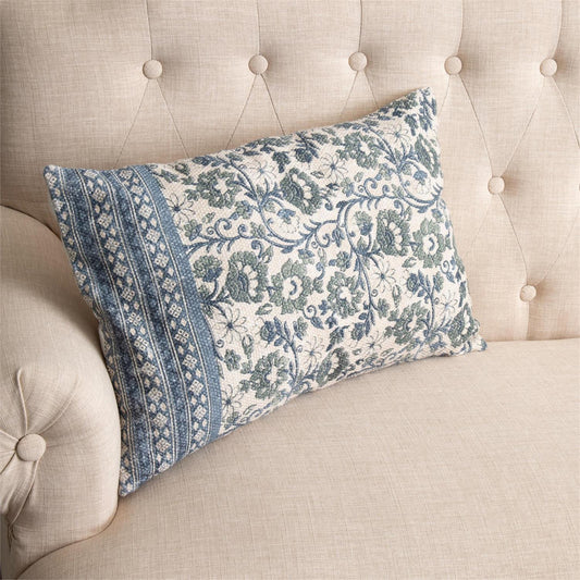 Knobby Slub Block Print -Sage and Blue