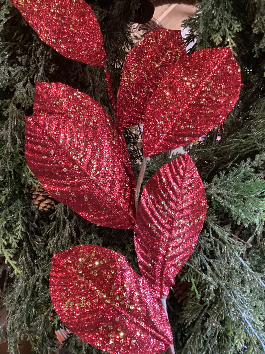 27” Glitter Leaf Christmas Spray