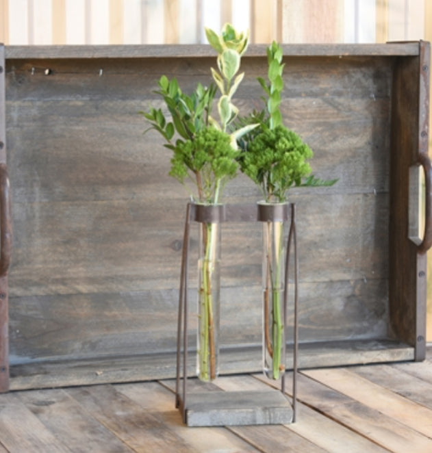 MIRABELLE DOUBLE TUBE VASE, WOOD, IRON & GLASS