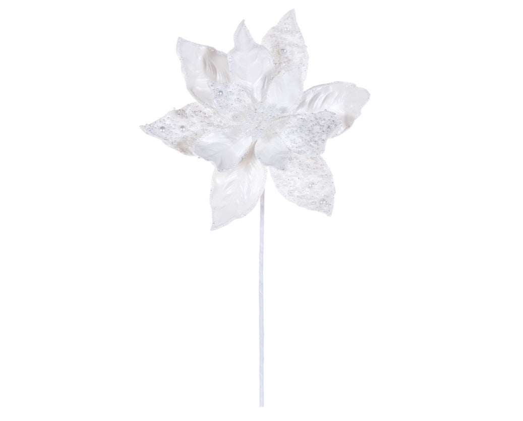 17" White Faux Leather Pearl Poinsettia Stem