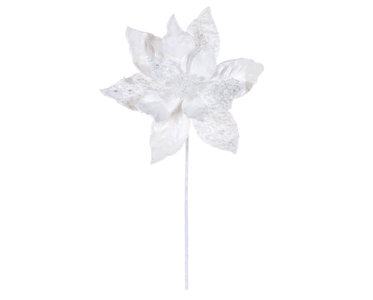 17" White Faux Leather Pearl Poinsettia Stem