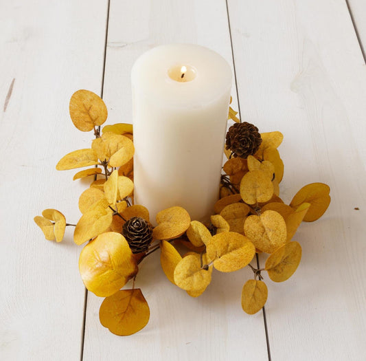 Mustard Eucalyptus with Pinecones candle ring