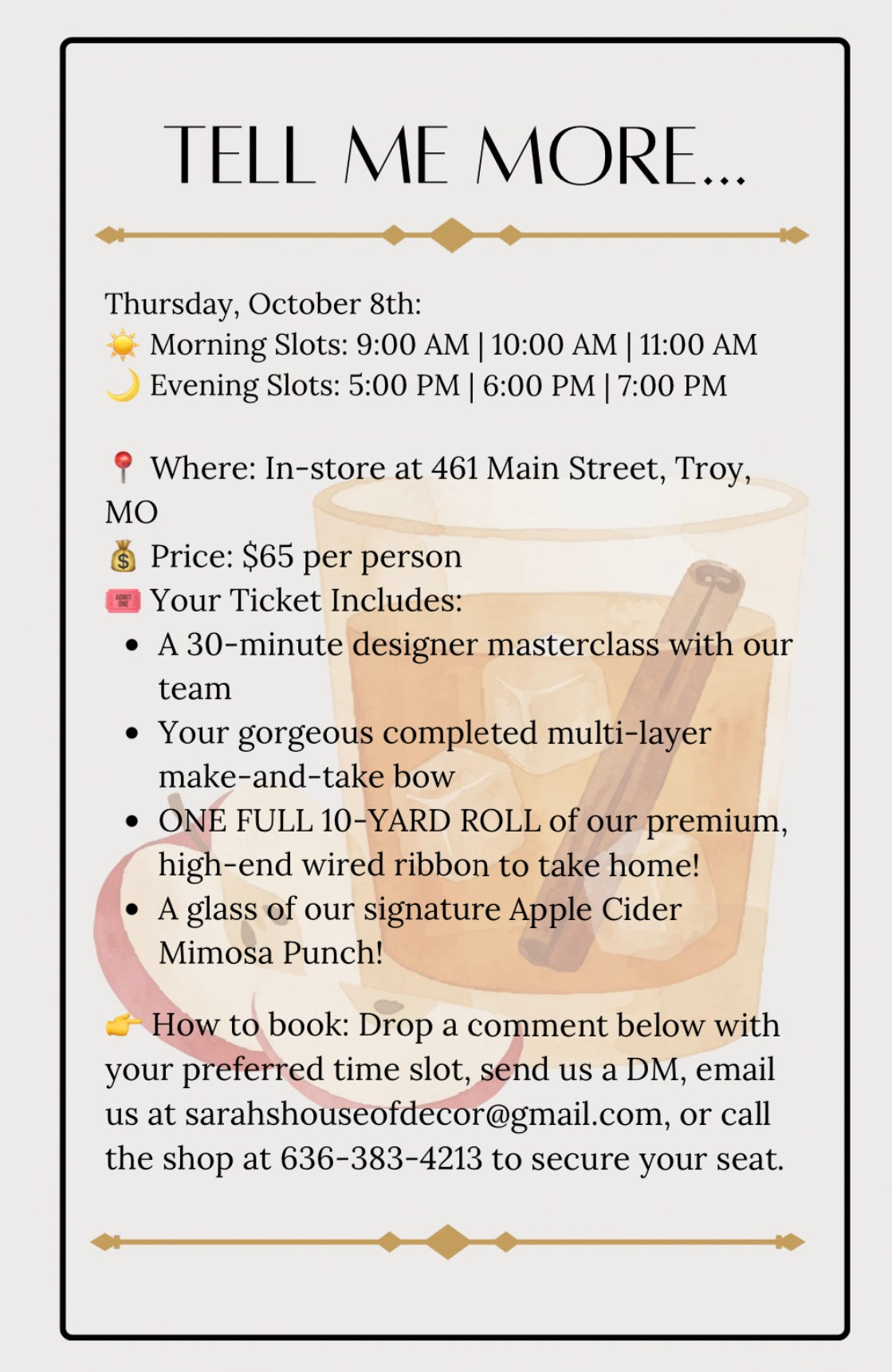 Mini Class: 30 Minutes 9:00a Oct 8th Bows & Bubbles