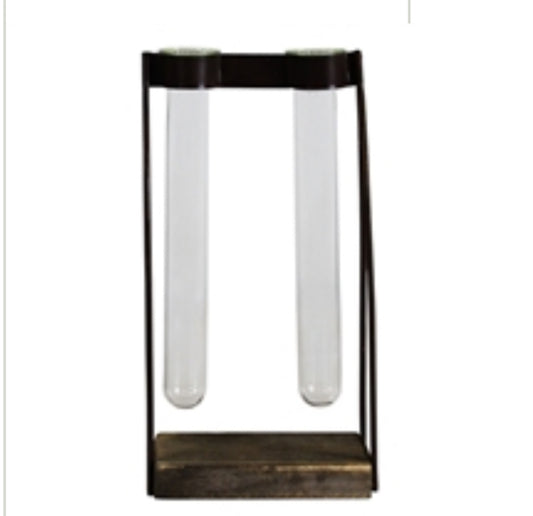 MIRABELLE DOUBLE TUBE VASE, WOOD, IRON & GLASS