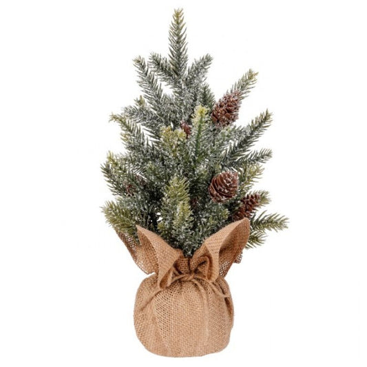 12” Faux Snow Frosted Pine Tree in Burlap