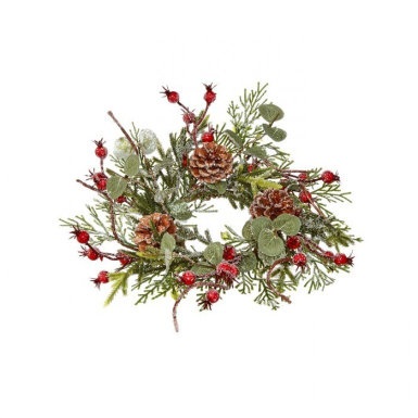 12” Frost Mix Greens Berry Pinecones Candle Ring